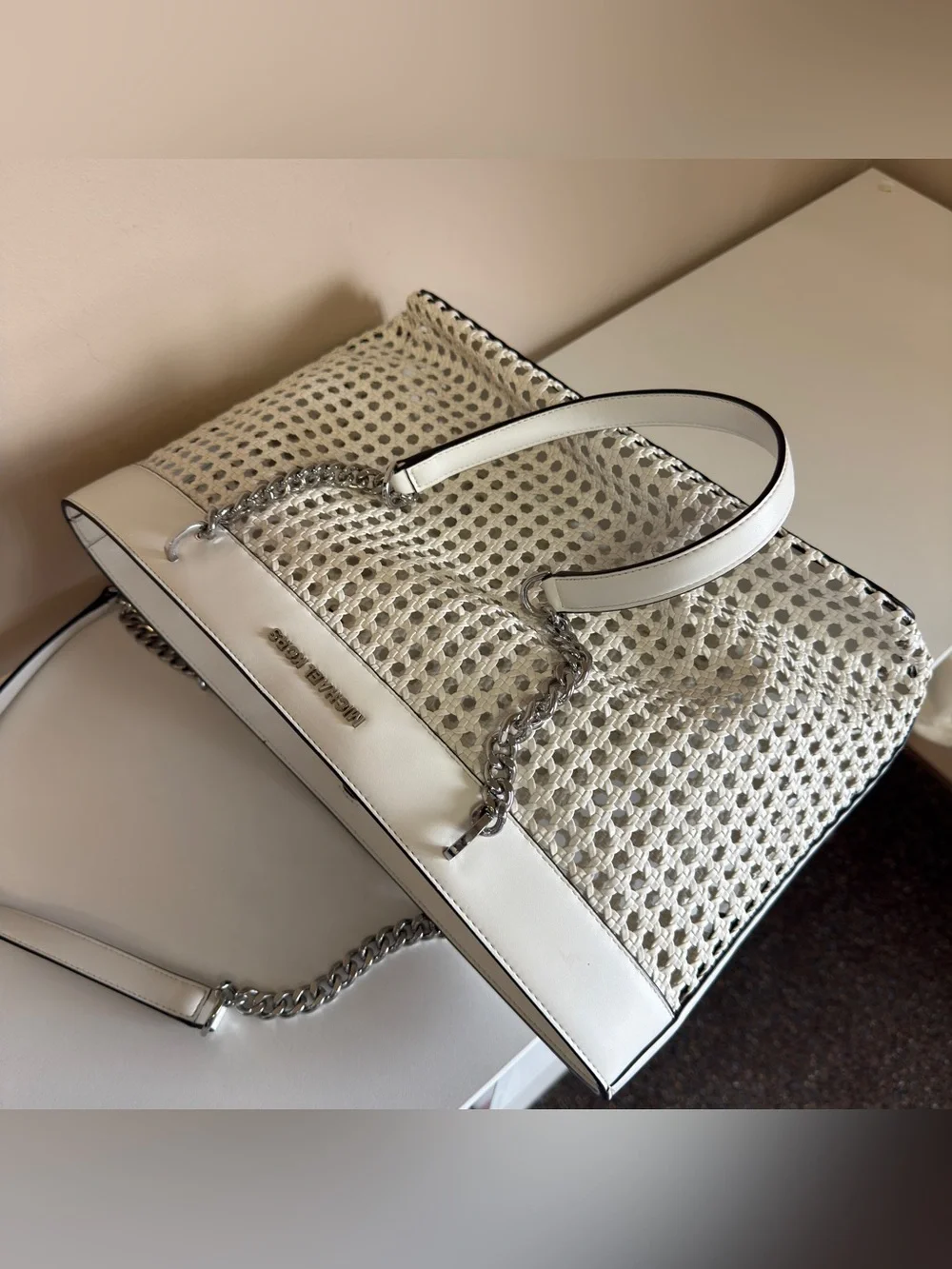 Michael Kors White Perforated Chain-Handle Tote